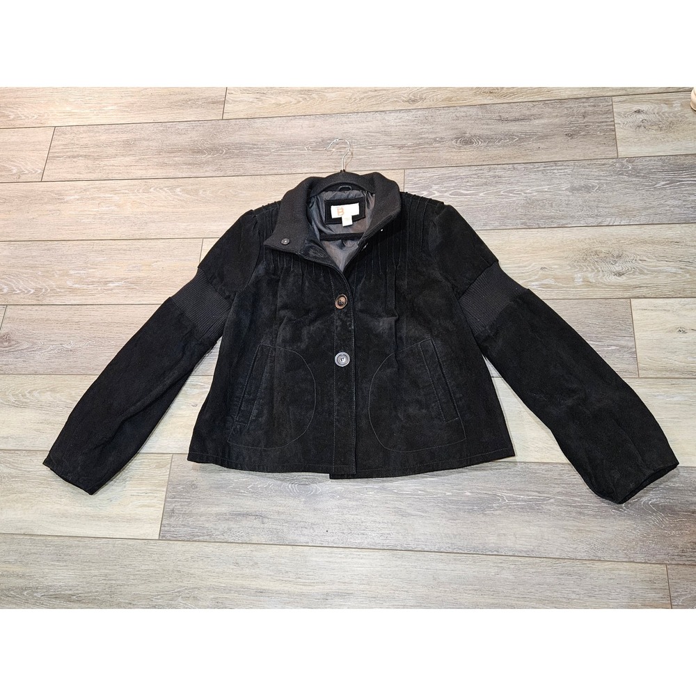 Bernardo Collection Black Suede Jacket Ribbed Knit Trim Pleated Womens Large